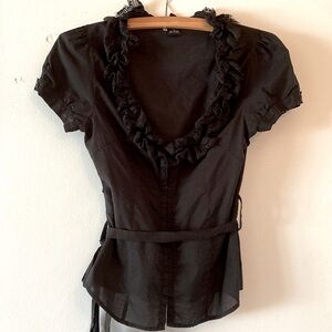 Black Cotton Blouse with Ruffle Neckline